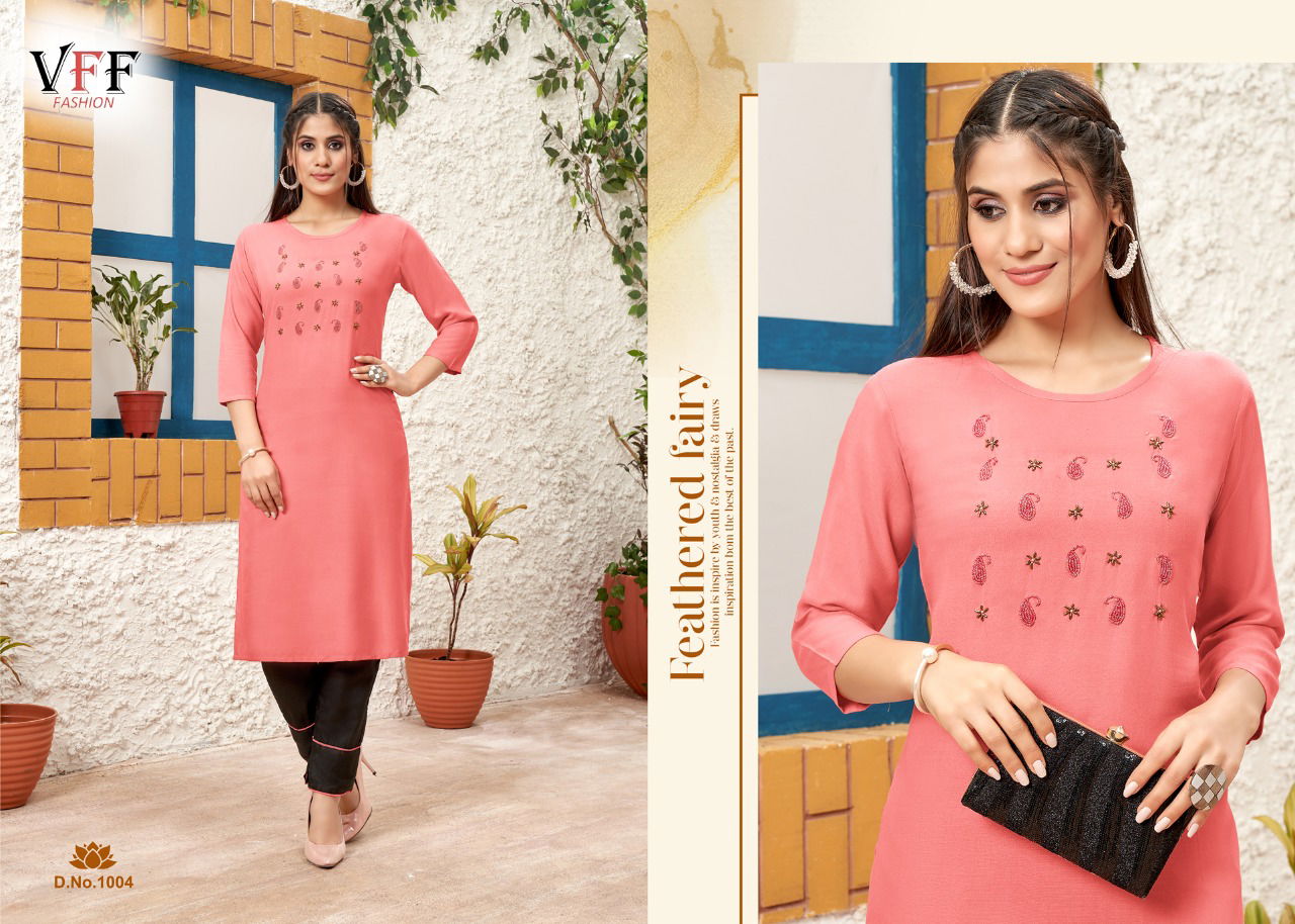 Vff Tulashi Rayon Designer Ethnic Wear Kurti With Pant Collection